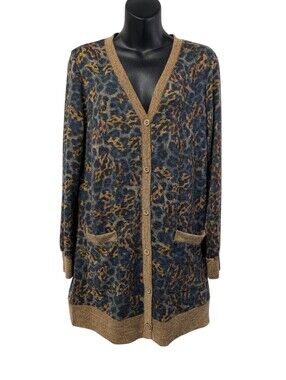 Grecerelle Women's Leopard Print Long Knit Cardigan Size M Button Front Pockets